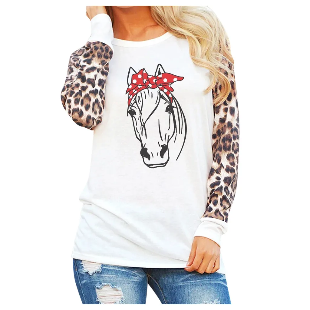 Feitong Блуза женская леопардовая с принтом головы лошади с длинным рукавом модная женская рубашка размера плюс женские блузки Топы блузка женска
