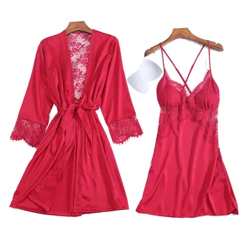 

Summer Sexy Hollow Back Fashion Sleepwear Camisole Pajamas Woman Robe Set Ice Silk Long Sleeve Pajamas 2 Pcs