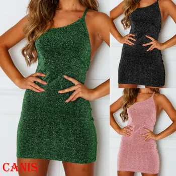 

2020 Women One Shoulder Sleeveless Bodycon Dress Formal Evening Party Glitter Dresses
