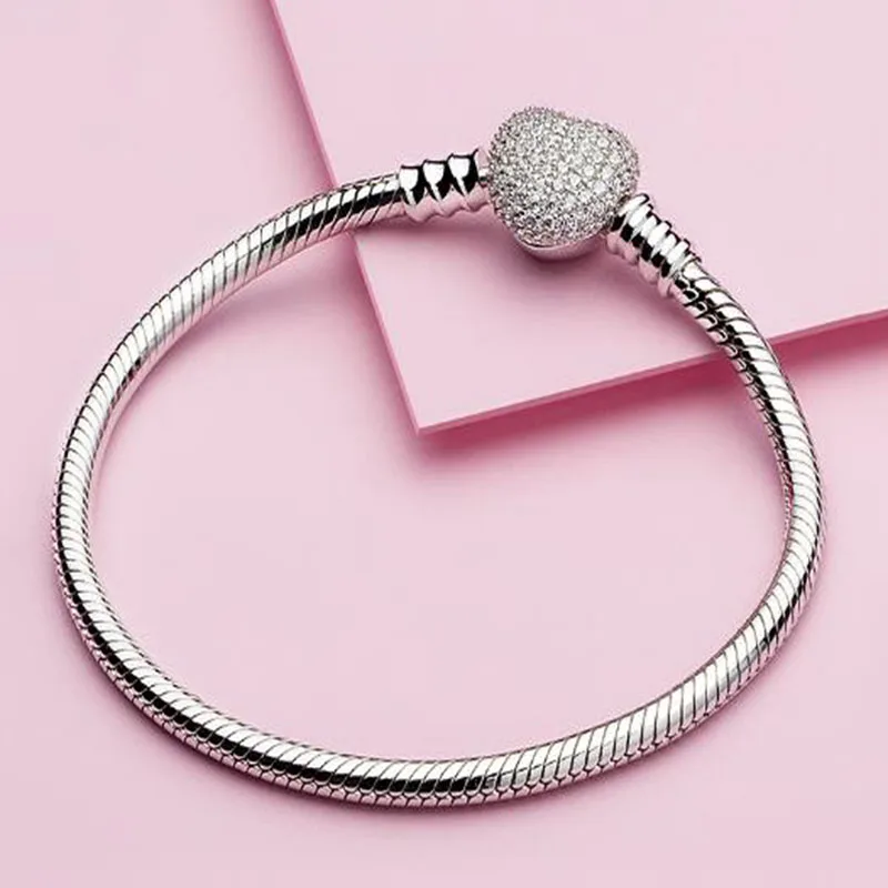 

Authentic 925 Sterling Silver Pan Bracelet New Classic Heart-shaped Snake Bone Chain Fit Diy Charm Women Jewelry