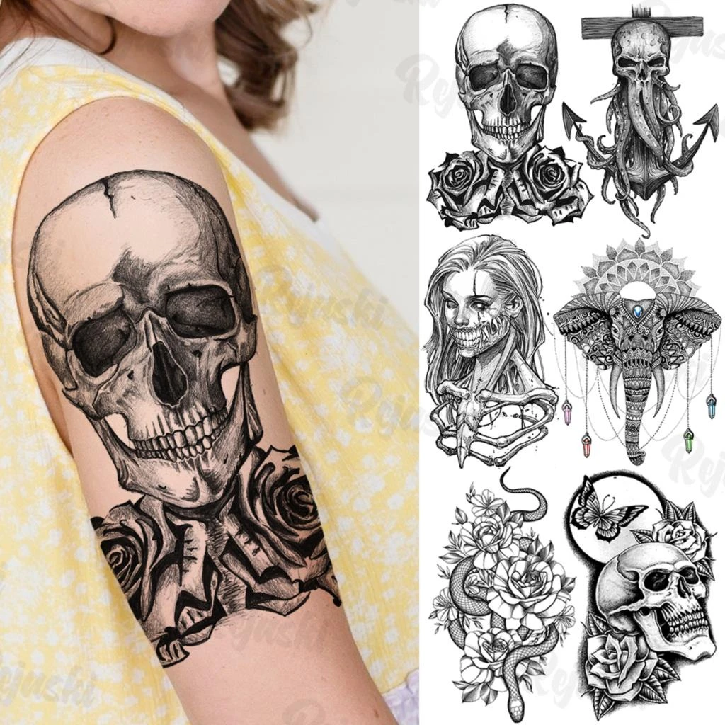Tatouage Femme Cuisse Tete De Mort Tatouages temporaires en forme de tête de mort noire, pour femmes et  hommes, faux tatouage autocollant pour bras, cuisse, poulpe, Vampire,  éléphant, serpent, ancre | AliExpress