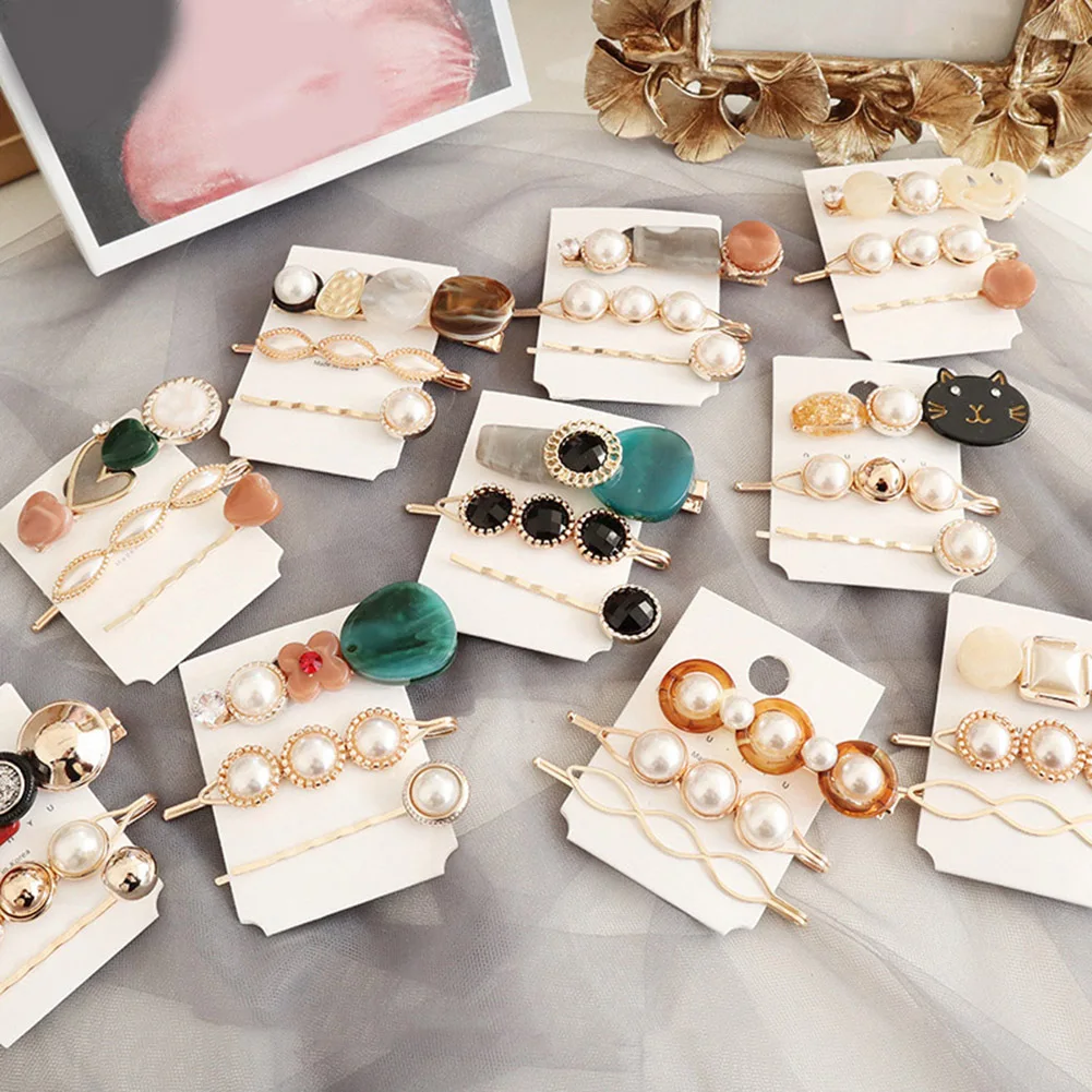 

3 Pcs Korea Vintage Acrylic Resin Beads Hairpins Imitiation Metal Gold Color Hair Clips Hair Accessories For Women Girls