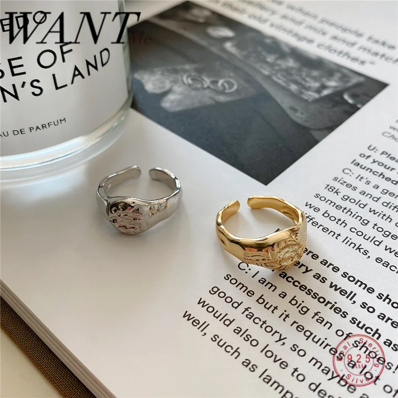 WANTME Minimalist Genuine 100% 925 Sterling Silver Rough Geometric Irregular Korean Open Ring for Women Punk Hip-hop Jewelry | Украшения и