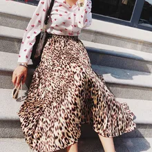 Maxi Skirt Pleated Leopard Fashion Women Summer Beach Casual Chiffon long Skirt Ladies Elastic Waist Autumn Skirts with Lining