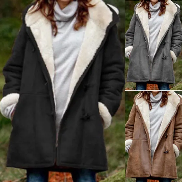 

Women Winter Warm Coat Middle Length Thick Plush Hooded Outwear Jacket Women Coat Winter Warm Vintage Plaid Outwear Print Hooded