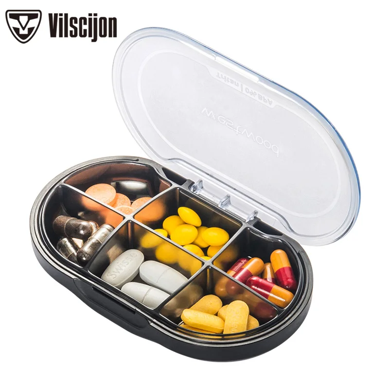 

Small Pill Box Portable Travel Portable Drug Storage Box 6 Grids Dispensing Mini Large Capacity Seal Tritan Materials Boxs 8227