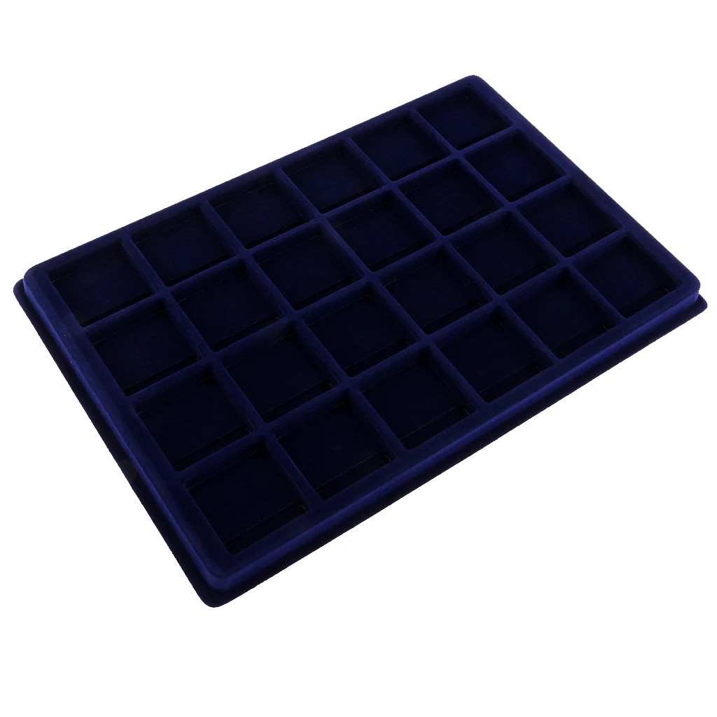 24 Grid Velvet Frame Coin/Jewelry Display Tray Box for Exhibition Hall -Blue