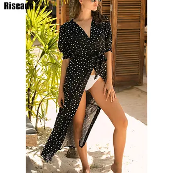 

Riseado Dot Print Beach Dress Long Beach Tunic Bandage Bikini Cover Ups Pareo Boho Swimwear Women Short Sleeve Beach Wear 2020