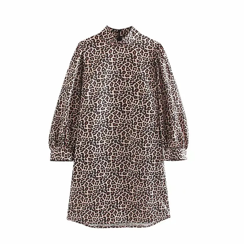 women sexy wild leopard print mini dress ladies stand collar animal pattern casual vestidos back zipper straight dresses DS3043