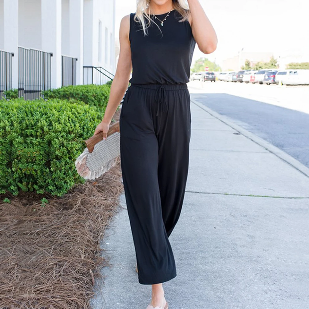 Women Jumpsuits 2020 Casual Solid Backless Loose Cotton Overalls  Wide Legs Fashion Office Lady Workwear D30