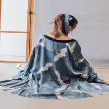 Японский кардиган-кимоно, женский халат юката, кимоно с принтом Журавля, синяя одежда для сна, пальто, ветровка, повседневное пальто, штаны, топ на бретелях, комплект для девочки