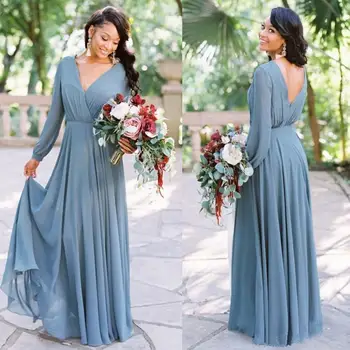 

Long Sleeve Chiffon Bridesmaid Dresses V Neck A Line Maid Of Honor Dresses For Weddings Dress Party Vestido Dama De Honor