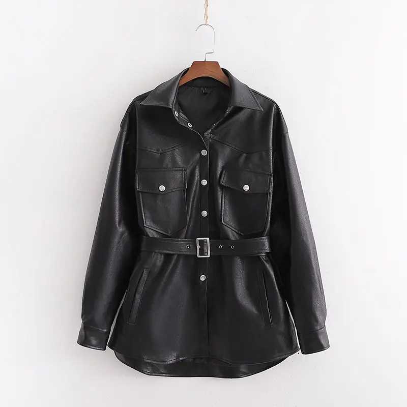 Faux Leather Jackets Women Fashion PU Black Coat Elegant Belt Waist Pockets Buttons Female Coats Streetwear Ladies Jackets