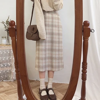 

2020 women's autumn skirt retro plaid autumn pencil long warm thick winter women's winter skirt long skirt