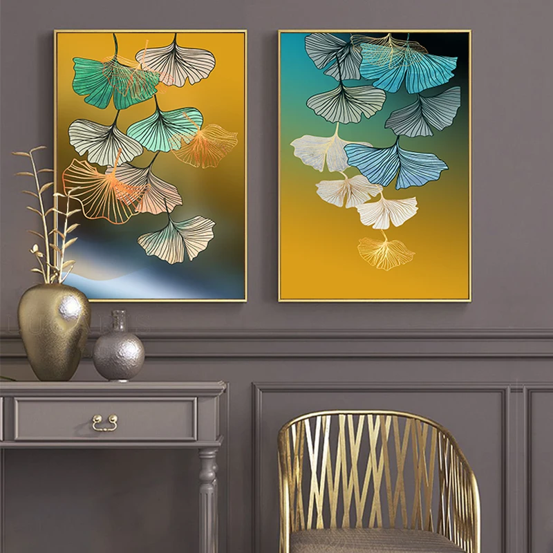 

Gold Plant Leaf Abstract Poster Blue Green Yellow Nordic Wall Art Picture Prints Canvas Painting Modern Living Room Decoration