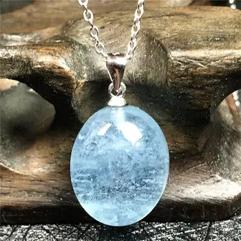 

Pendant Necklace Natural Ocean Blue Aquamarine Jewelry For Woman Lady Man Silver Chains Crystal 16x13x8mm Beads Oval Stone AAAAA