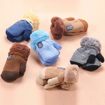 

Winter Warm New Style Knit Cute Lanyard Plus Velvet Young Children Warm Gloves Stripe Thicken Winter Supplies For Kids