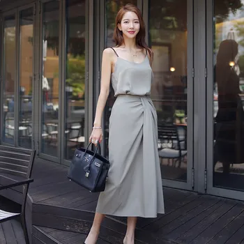 

New Style Summer 2 Piece Set Women Casual Outfit Skirt Suit Clothing Set solid Spaghetti strap Tops and Draped split Skirts
