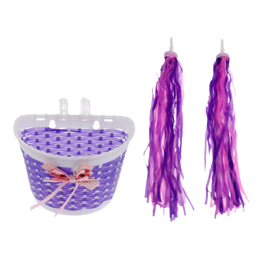 Children Kids  Front Basket+Handlebar Grip Tassels Streamers Purple