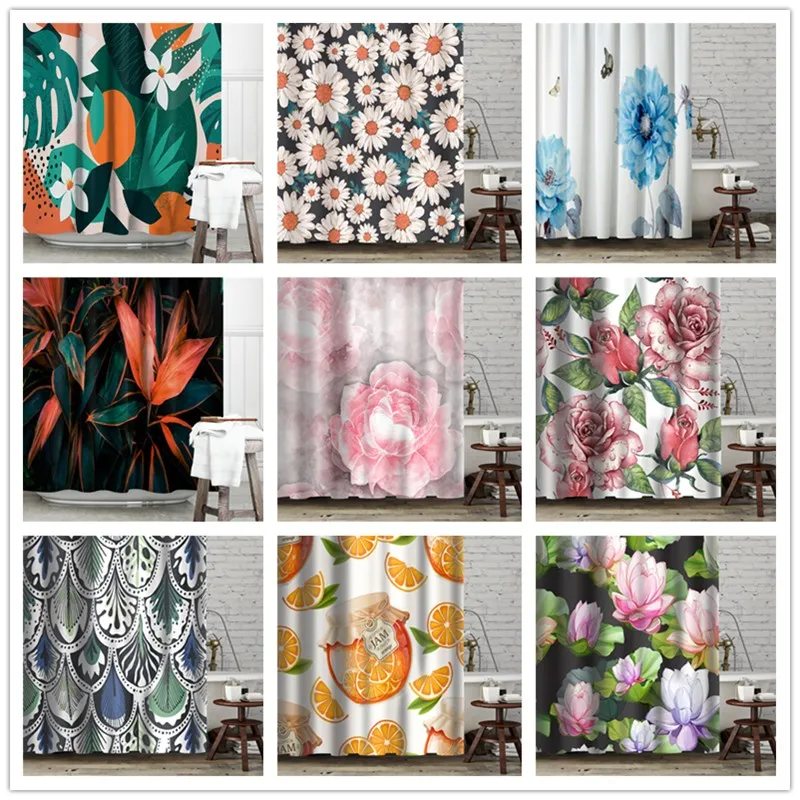 Fresh Home Design Shower Curtain Flower Plant Waterproof Polyester