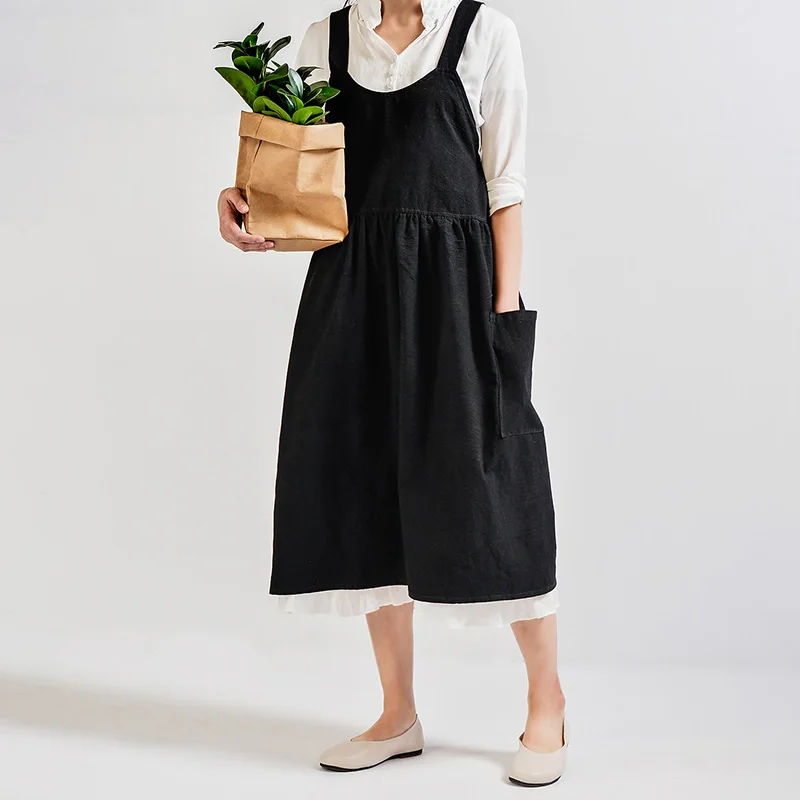 Medieval Washed Cotton Linen Kitchen Apron for Cooking Baking Flower Shop Ruffles Work Clean Apron for Woman Uniform Lady Dress