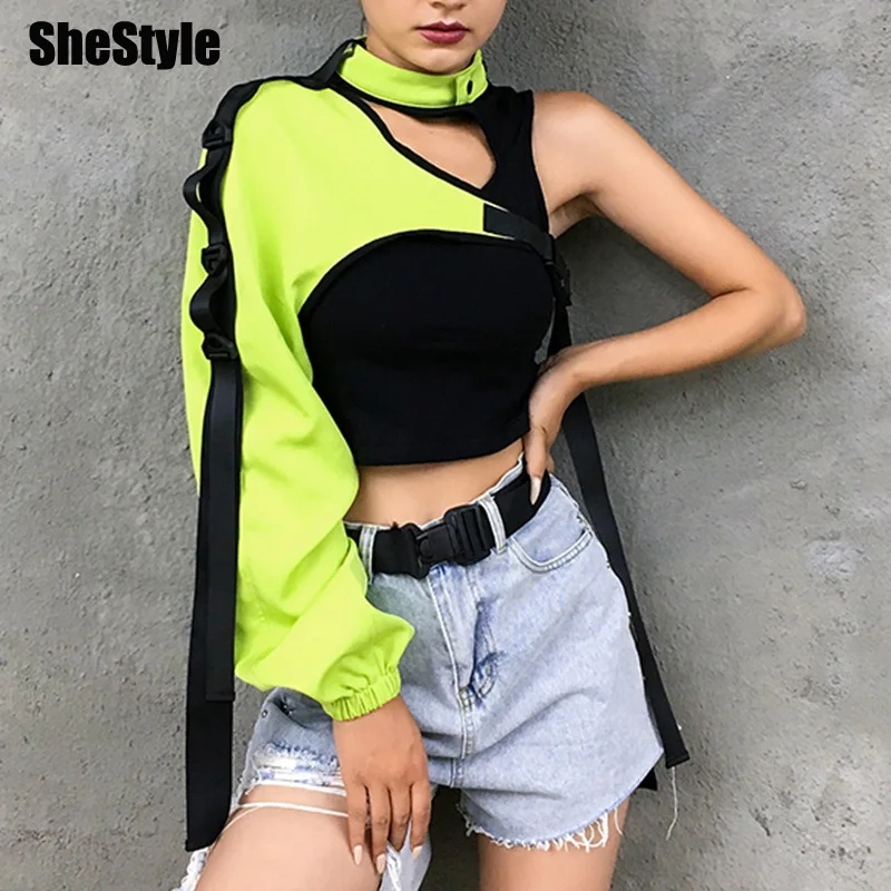 

Shestyle Reflective Side Striped Sleeve Buckle Bandage Slope Neck Jacket Cool 2019 Autumn Streetwear Coat Women 90S Style Trendy