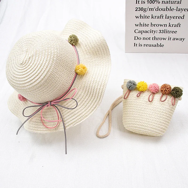 Girl kids Straw Hat Handbag Sets Child baby Outdoor travel holiday beach floppy hat bags set flower sun hat,sun protection hat