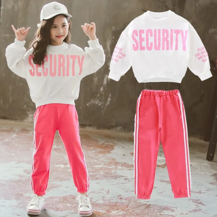 

2019 Girls Spring And Autumn Lettered Printed T-shirt Brace Trousers Two-Piece Set Children Fashion & Sports Set
