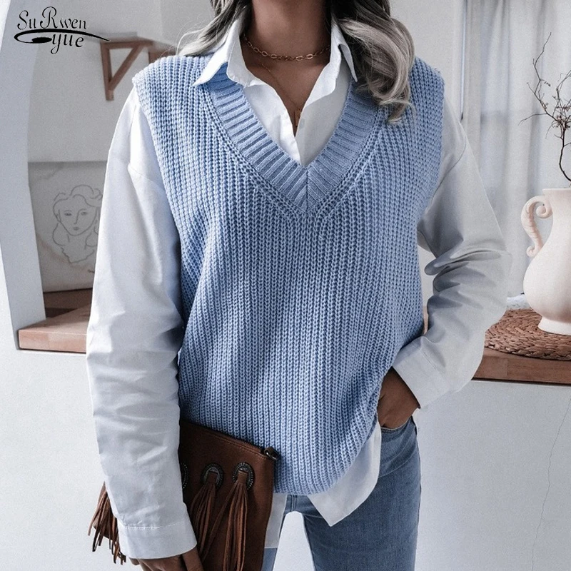 

Повседневный однотонный вязаный свитер с V-образным вырезом, жилет, осенне-зимний свитер в стиле преппи, женский свободный свитер, жилет, женский жилет, 18140