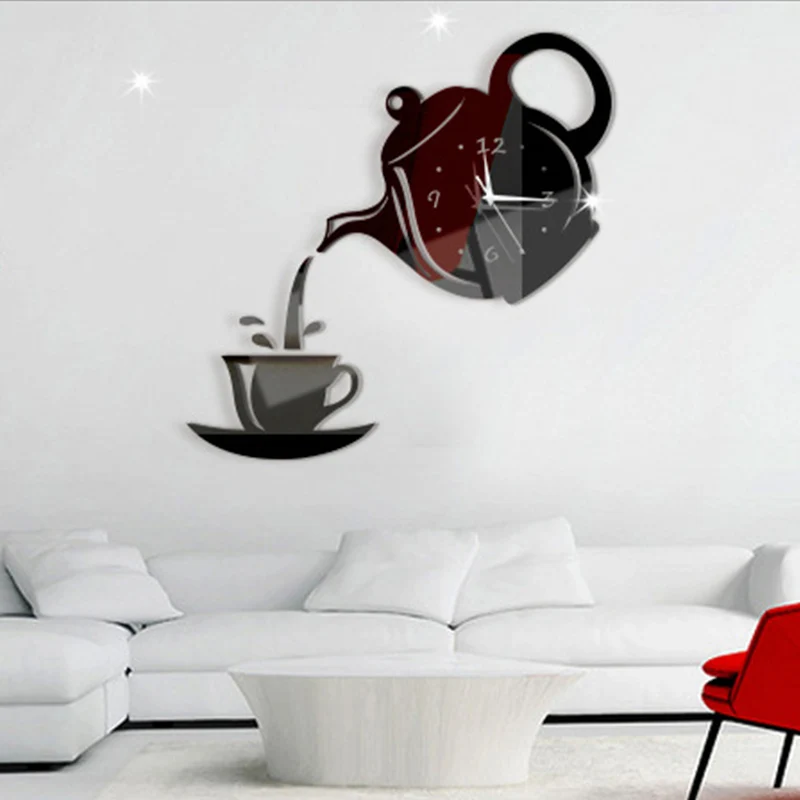 Чайник настенные часы зеркало на стену с изображением чашечки кофе часы декоративные настенные кухонные часы столовая домашний декор cocina DA407 - Цвет: Черный