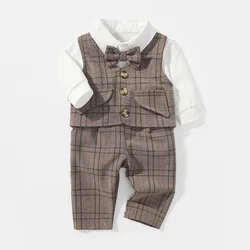 Ensemble de vêtements pour bébé garçon, 3 pièces, pour premier anniversaire, costume petit homme, chemise, gilet et pantalon, vêtements de fête pour bébé de 0 à 2 ans 