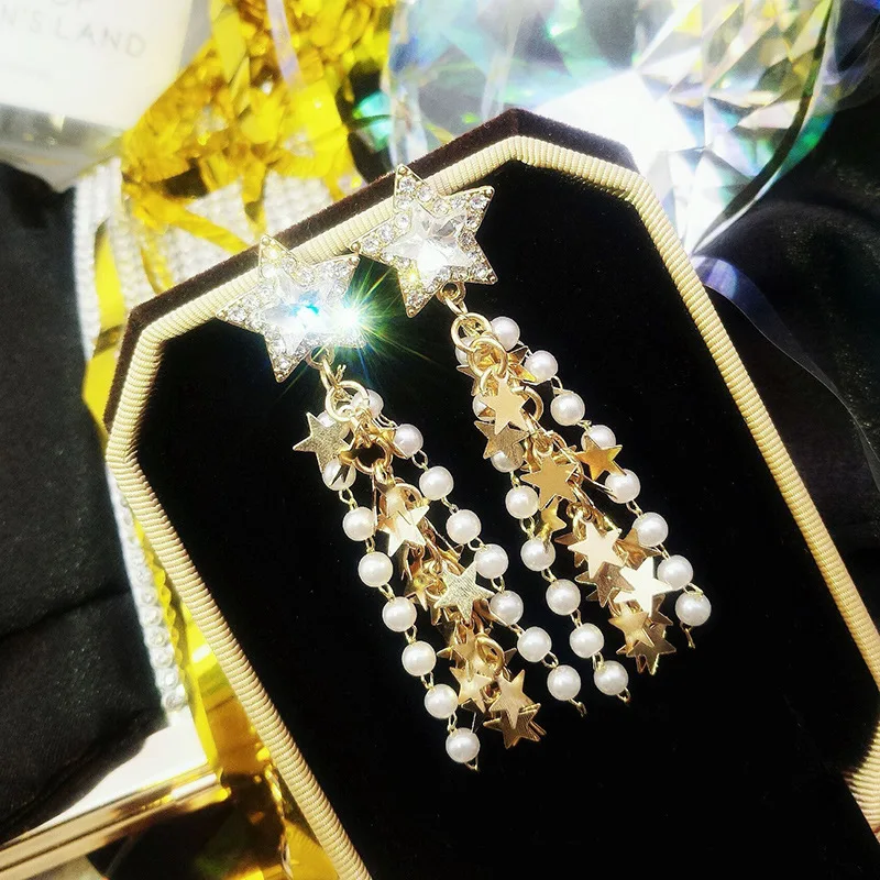 Fashion Simple Personality Long Tassel ear nail exquisite Prevent Allergy Crystal Drop Dangle High Quality Tiny Star Earrings | Украшения и