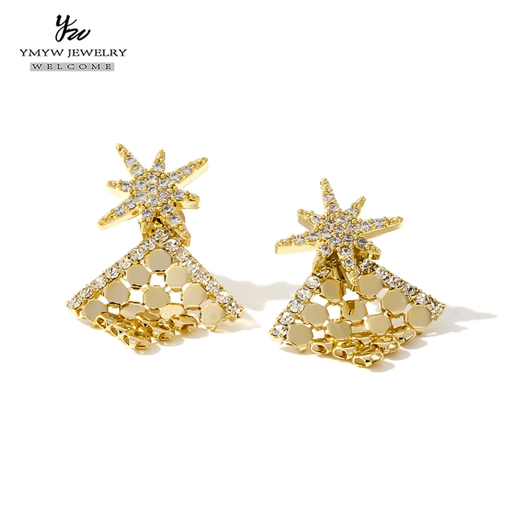YMYW Cubic Zirconia Sequins Star Stud Earrings Temperament Luxury Gold Color Copper Jewelry Women kolczyki Bijoux Gift | Украшения и