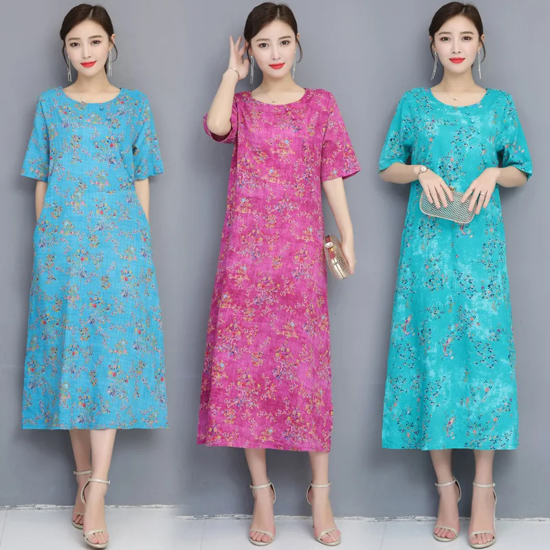 

Photo Shoot 2019 Summer New Style Cotton Linen Large Size Literature And Art Retro Printed Short Sleeve Loose-Fit Slimming Dress
