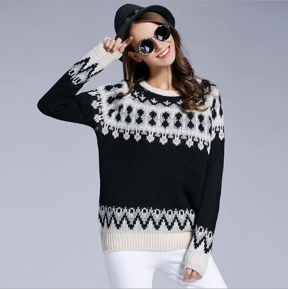 

Knit Sweater Women 2019 Vintage Jacquard Long Sleeve O Neck Casual Pullover Sweaters Female Autumn Winter High Quality Pullovers