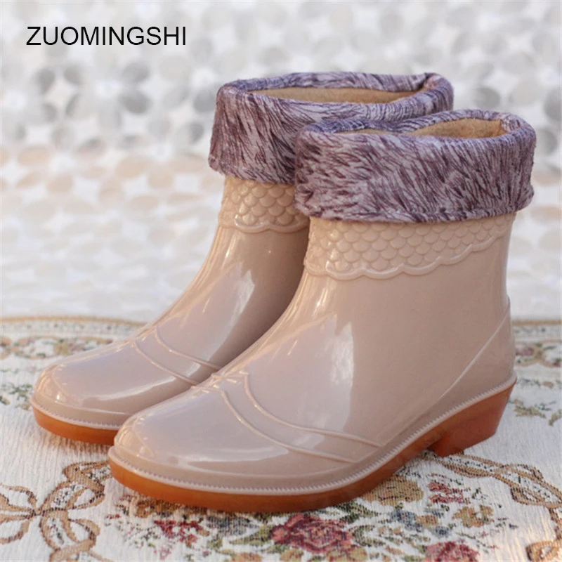 Women Fashion Short Barrel Rain Boots PVC with Cotton Warm Liner Garden