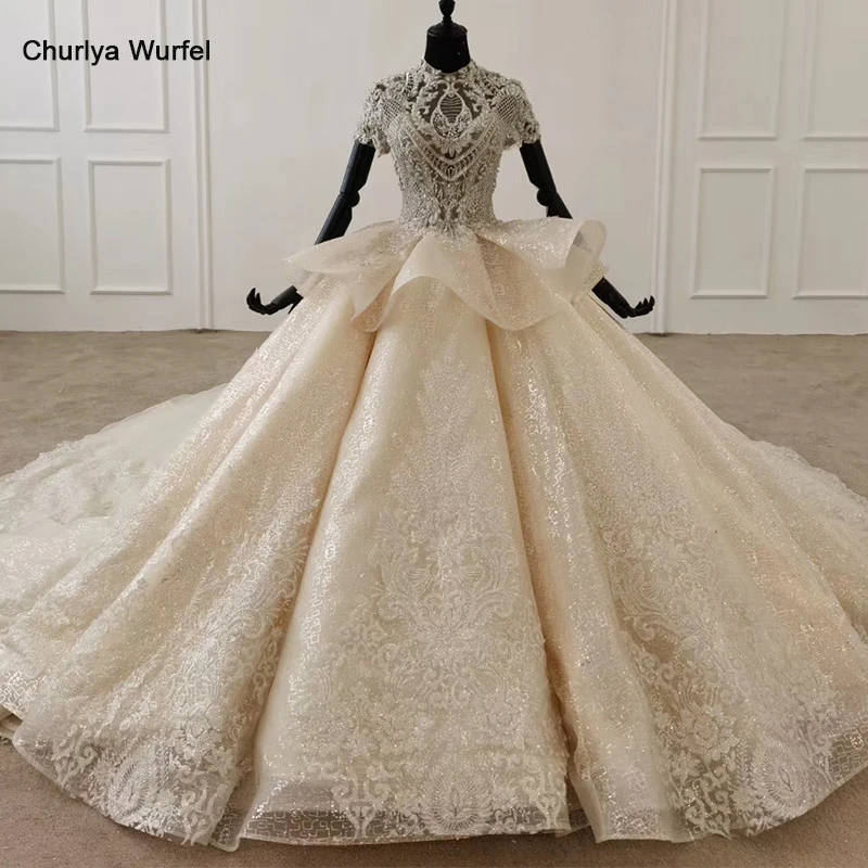 HTL1298 Peplum High Neck Bead Short Sleeves Lace Up Back Rhinestone Applique Wedding Dress 2020 платье свадебное бохо |