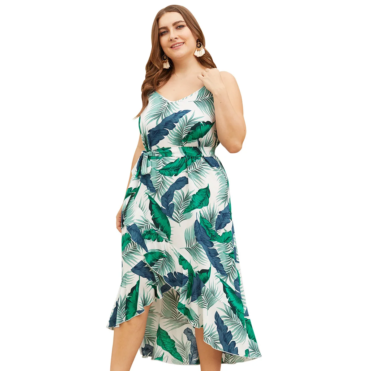 

Europe And The United States Split Lotus Leaf Dovetail Tie Belt Waist Strap Printing Large Size Sleeveless Floral Women's Dress