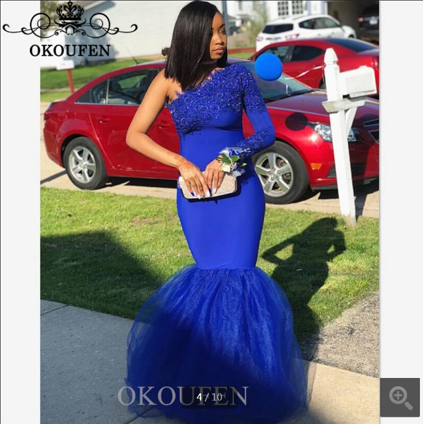 Привлекательное платье с юбкой годе Королевского синего цвета платья выпускного вечера одно плечо с длинным рукавом кружево с аппликацией и бисером стильные платья выпускного вечера лучшие продажи