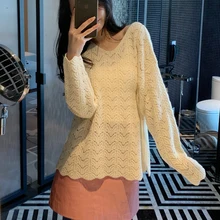 2020 New Fashion Women Loose Sweater Casual Long Sleeve Virgin Mary Hollow Out Pullovers Knit Sweat Solid Female Blouse Sweaters