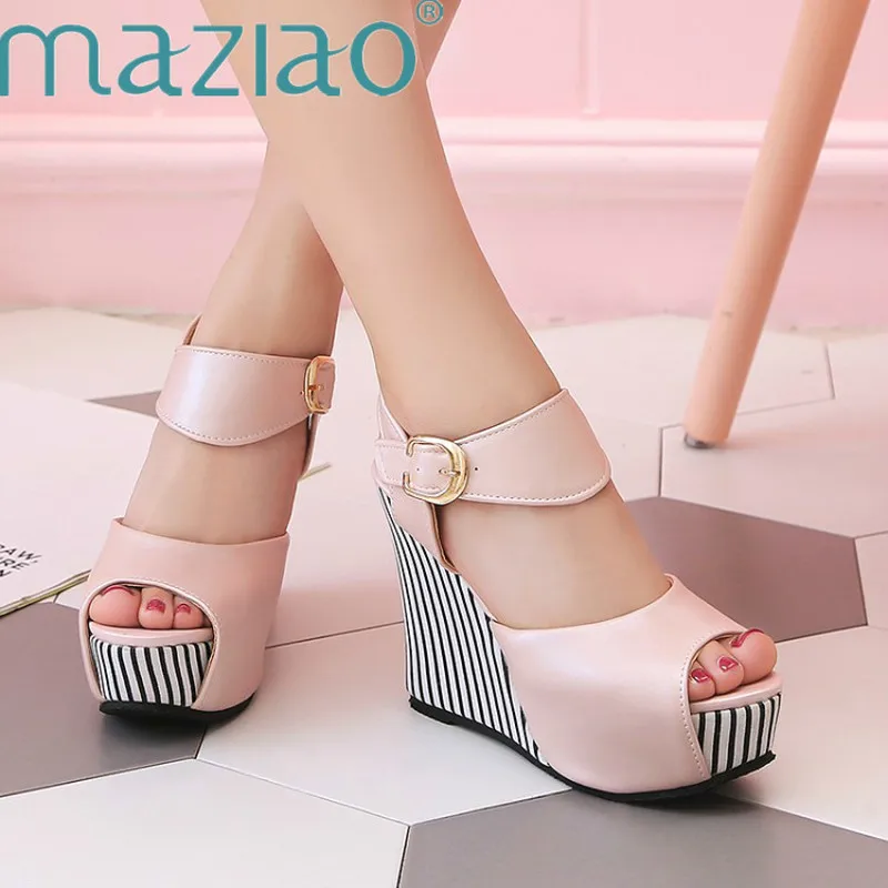 

Ankle Strap Wedges Shoes Peep Toe Buckle Strap Soft Pu Leather Platform Casual Summer Shoes Woman Fashion Ladies Sandals MAZIAO