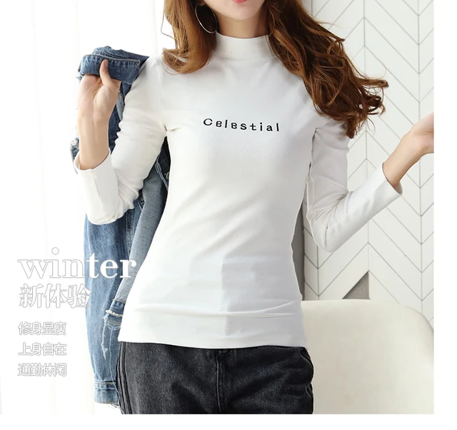 0333 Autumn Winter Half High Collar Long Sleeve T Shirt Women