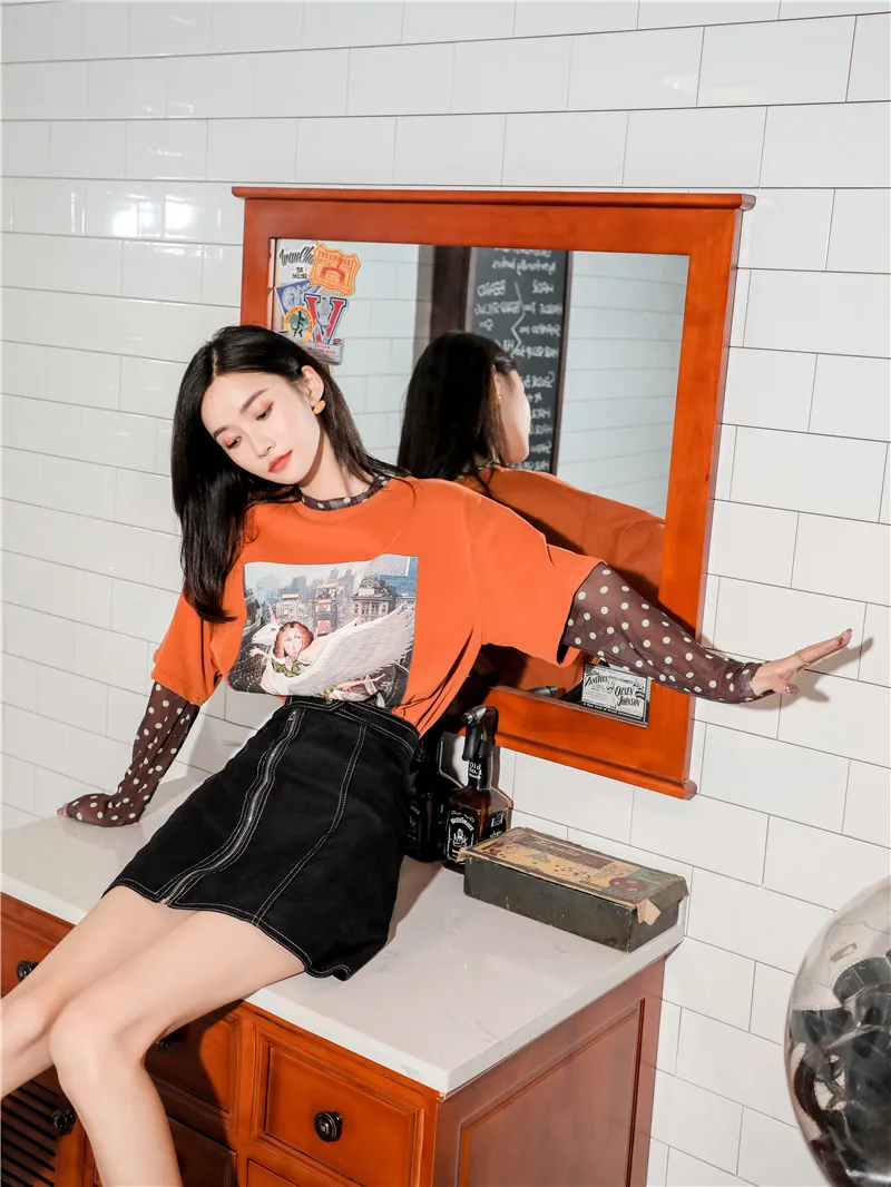 CHEERART Fake 2 Piece Graphic T Shirts Mesh Long Sleeve Top Women Tshirt Loose Fashion T Shirt Orange Tee Shirt Femme Clothing
