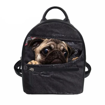 

Customzied Pugs Pu Leather Backpack For Women 3D Demin Cat Casual Small Daypacks Preppy Style Girls Cute Travel Mochila Female