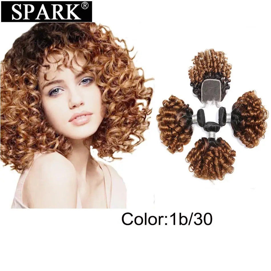 

Spark Human Hair Ombre Brazilian Bouncy Curly 3 Bundles With Closure 100% Human Hair Closure With Bundles 1B/27 &30 For Black