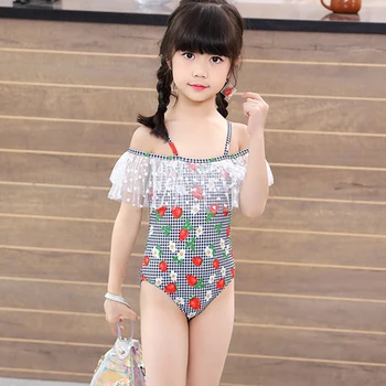 

Princess Swimsuit Summer Beachwear Flower Printed Plaid Swim Suit Lace One-piece Lotus Kids Girls Swimsuits 2020 Sweet Swimsuit