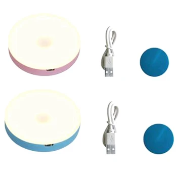 

2 Set Usb-Charging Lamp LED Press Night Light Bedside Rechargeable Wireless Mini Light Pink Warm & Blue Warm