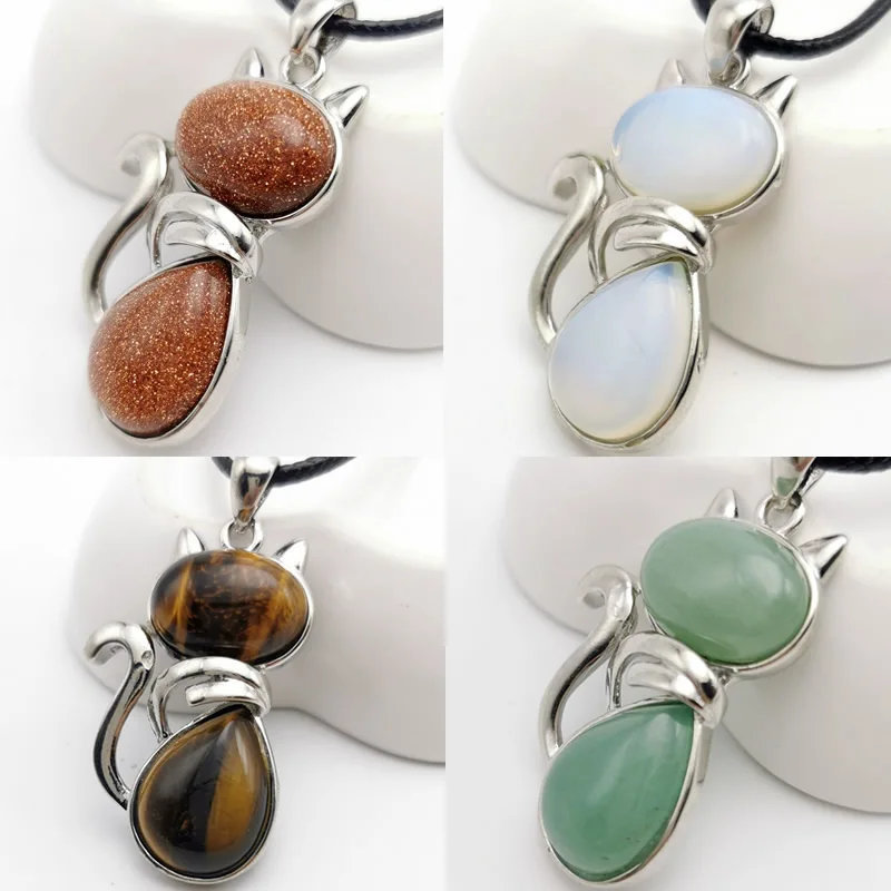 

26X42mmNatural Stone Necklaces Pendants for Women Girl Cute Cat Shape Rock Pink Quartz Black Onyx Beads Chain Reiki Jewelry 1PCS