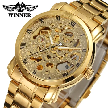 

T-winner Wholesale Skeleton Watches Men Fashion Brand Automatic Mechanical Gold Watch Saat Stainless Steel Relogio Masculino