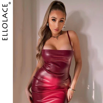 

Ellolace Sexy Pu Leather Midi Dress Women Spaghetti Slim Little Black Dresses Party Elegant Lady Mini Dresses 2020 Sexy Clothes
